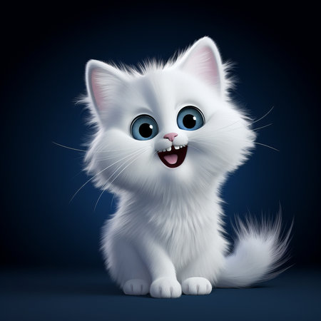 Dark blue background with a smiling white British longhair cat character cartoon.の写真素材
