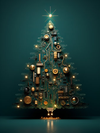 Vibrant circuit board in the shape of Christmas tree with colorful nodes and pathways and bright star on top over black background.の素材
