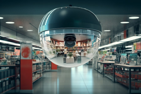 Close-up of security cameras lens reflection in supermarket.の素材