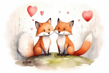 Watercolor greeting card for valentine day, cute fox love.の素材