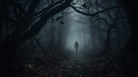 Spooky unknown one person man walking in dark forest.の素材