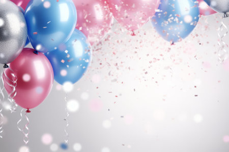 Shiny Celebration background with pink and blue balloons and confetti.の素材