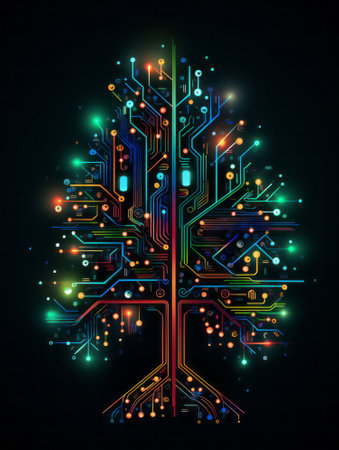 Vibrant circuit board in the shape of Christmas tree with colorful nodes and pathways and bright star on top over black background.の素材