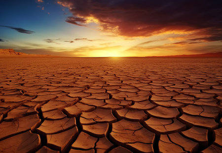 Dramatic sunset over cracked earth. Desert landscape background.の素材