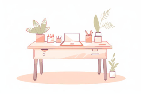 A cute workplace desk with a white background, minimalistic flat style, pastel color scheme, two tone linear icon illustration.の素材