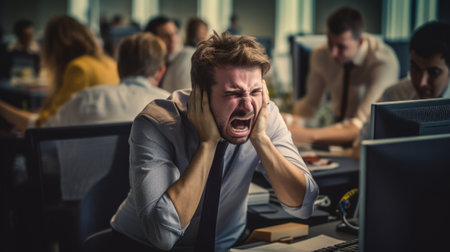 HR operations team member at a tech startup, working at his computer, he is pulling his hair out with hands out of frustration, he is very upset.の素材