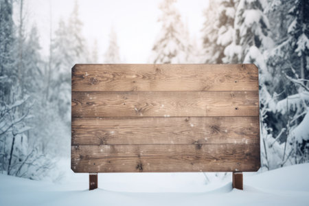 Wooden sign board snow covered with copy space for text.の素材