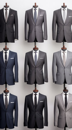 Real photos of suits. Suit styles include black, navy, sapphire, light grey, dark grey, burgundy.の素材