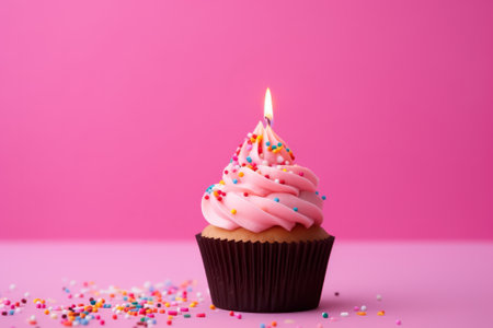 Close-up of birthday cupcake with one candle on pink background with flying confetti and bokeh.の素材