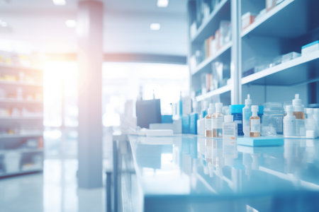 Blurred background of a pharmacy store. Pharmacist and medicine concept.の素材