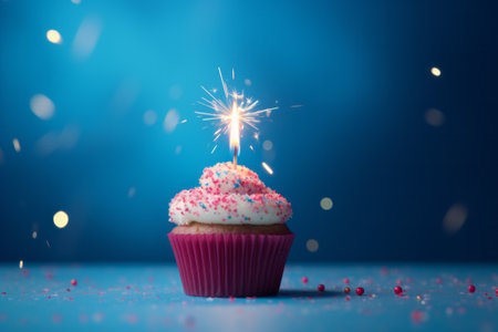 Close-up of birthday cupcake with one candle on blue background with flying confetti and bokeh.の素材