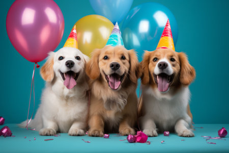 Cute smiling dogs celebrating pet shop anniversary or birthday, plain blue color background.の素材