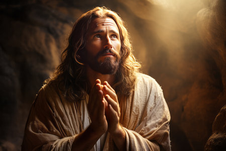 Jesus is praying in the cave with his hands raised, in the style of realistic portrait.の素材