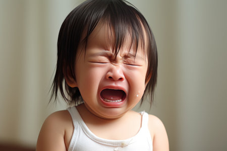 Asian little baby toddler crying wearing white t-shirt.の素材