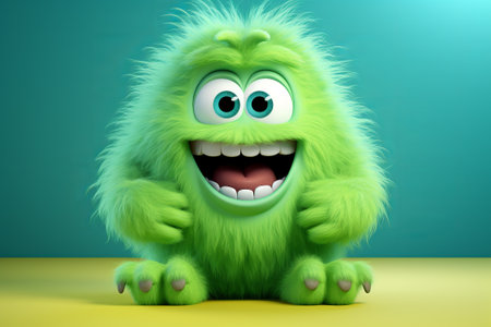 Cute green furry monster 3D cartoon character.の素材