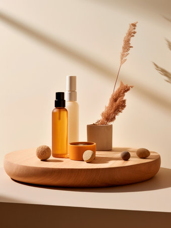 Collection of face care products displayed on the wooden tray podium.の素材