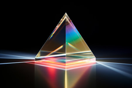 Glass 3D prism with refracting light beam.の素材
