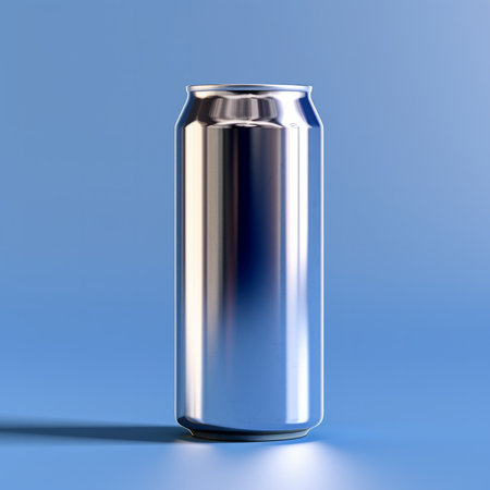 Silver metallic can on blue background.の素材