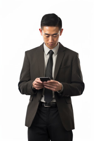 Asian man using cell phone isolated on white.の素材