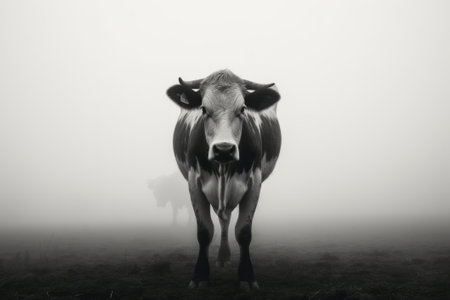 The cow is staying on the field. Fog with hazy lighting. Monochromatic.の素材
