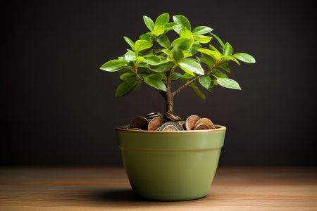 Investment income and growth are represented by a flower pot with little money tree and coins.の素材