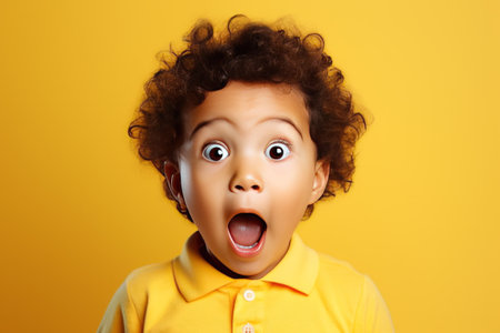 Baby is surprised and excited opening eyes and mouth on yellow background.の素材
