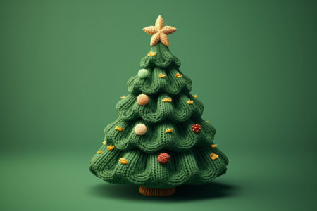 Cute knitted fabric Christmas tree on green background.の素材