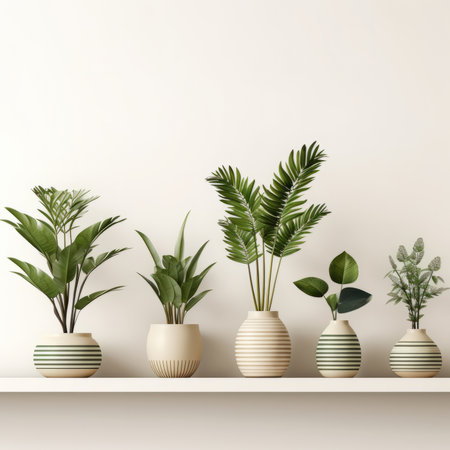 Houseplants displayed in ceramic pots on the white wall.の素材
