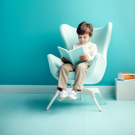 Boy with a book sitting in the armchair isolated on blue background.の素材