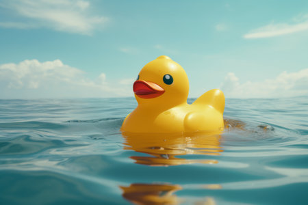 Yellow rubber duck toy floating on water.の素材