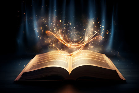 Magic Book With Open Pages And Abstract Lights Shining In Darkness - Literature And Fairytale Concept.の素材