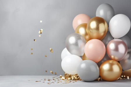 Heap of shiny pink white silver and golden balloons.の素材