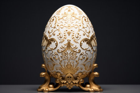 Easter egg decorated with gold on white podium.の素材