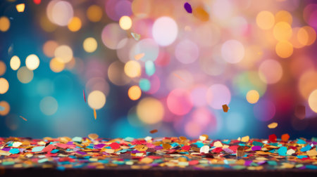 Colorful confetti in front of colorful bokeh background.の素材