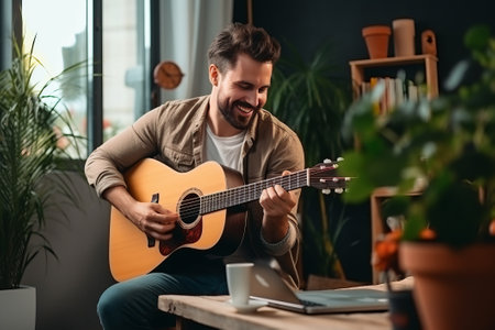 Young man playing the guitar. Online education with computer, laptop.の素材