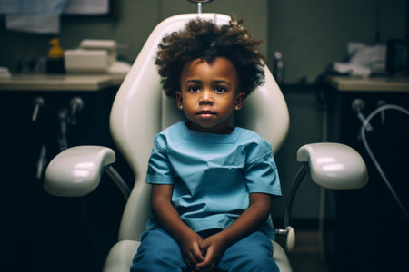 Afro American black child sitting in dentists chair.の素材