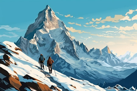 Two climbers men climb to the top of a snowy mountain peak.の素材