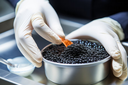 Close-up of hands in medical gloves holding the spoon with black caviar. Examination in the laboratory, quality control of black caviar.の素材