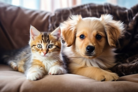 Cute little kitten cat and cute puppy dog together at home on the couch.の素材