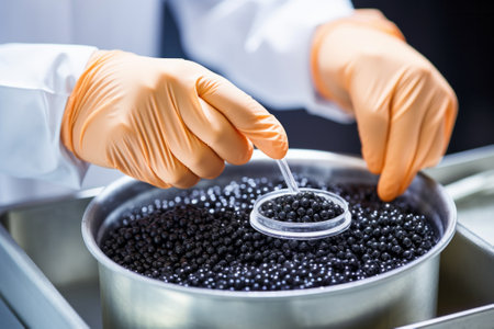 Close-up of hands in medical gloves holding the spoon with black caviar. Examination in the laboratory, quality control of black caviar.の素材