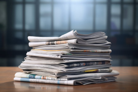 Pile of fresh newspapers on a grey office background.の素材