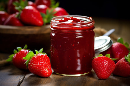 Strawberry jam in a glass jar.の素材