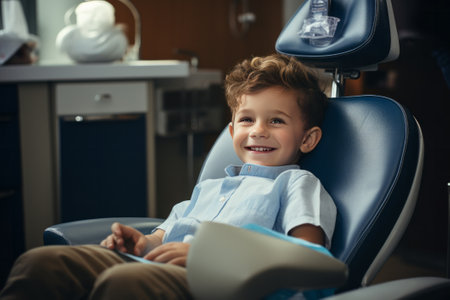 Child sitting in dentists chair.の素材