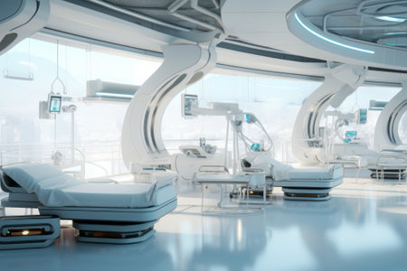 Futuristic white hospital with robots, glass and light.の素材