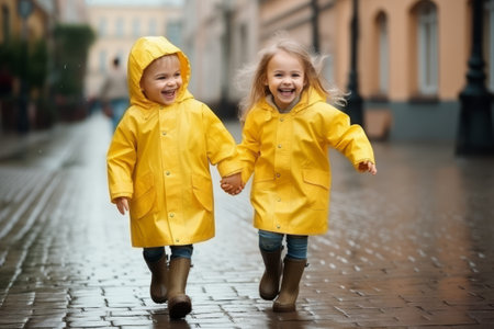 Happy smiling children in yellow raincoat and rubber boots walking on the street and having fun together.の素材