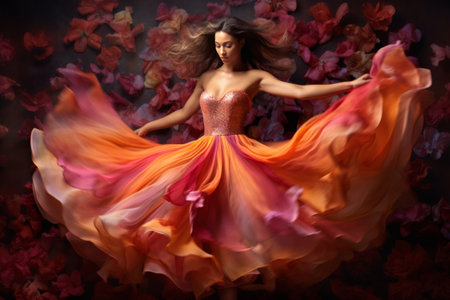 Woman is dancing with bright and beautiful petals.の素材