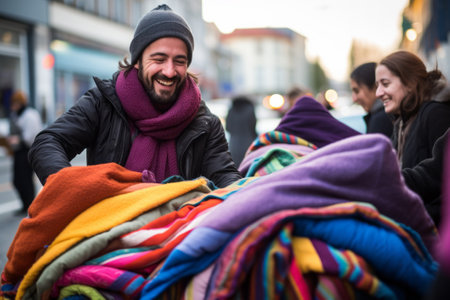 Volunteers distributing blankets on the streets.の素材
