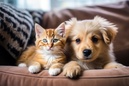 Cute little kitten cat and cute puppy dog together at home on the couch.の素材