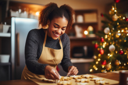 Joyful smiling African American black woman preparing the ginger Christmas cookies or biscuits.の素材