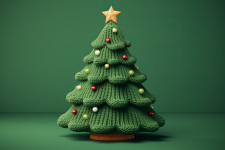 Cute knitted fabric Christmas tree on green background.の素材